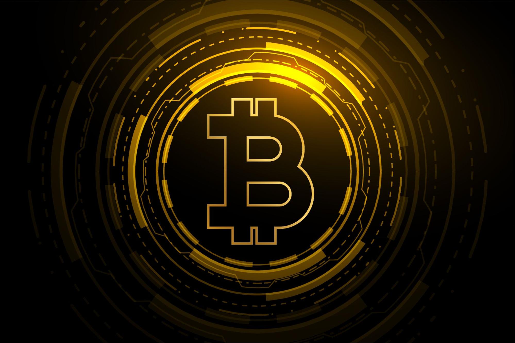A black and golden Bitcoin logo