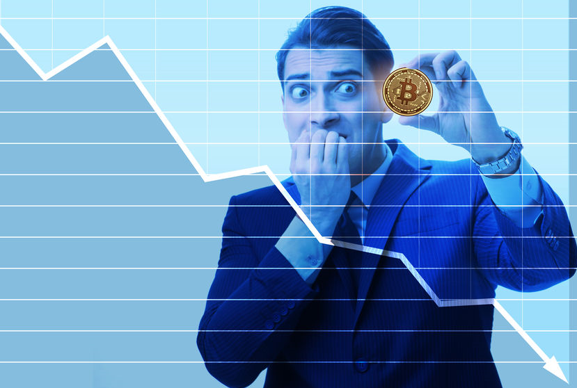 frightened man is depicted in the background of the bitcoin exchange rate, holding a bitcoin